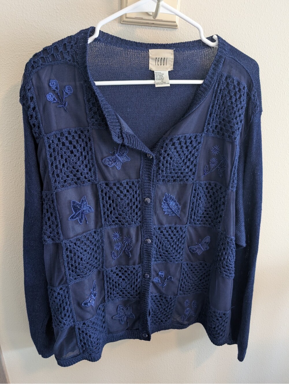 Teddi Y2K Blue 1x Cottagecore Patchwork Crochet Button Cardigan Sweater Flaw